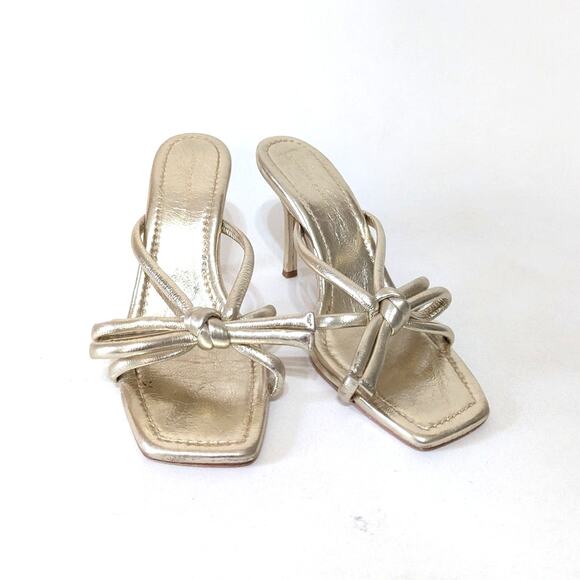 Loeffler Randall Margi Champagne Bow Heels Sandals Strappy Gold Size 11 Preowned - Picture 3 of 12